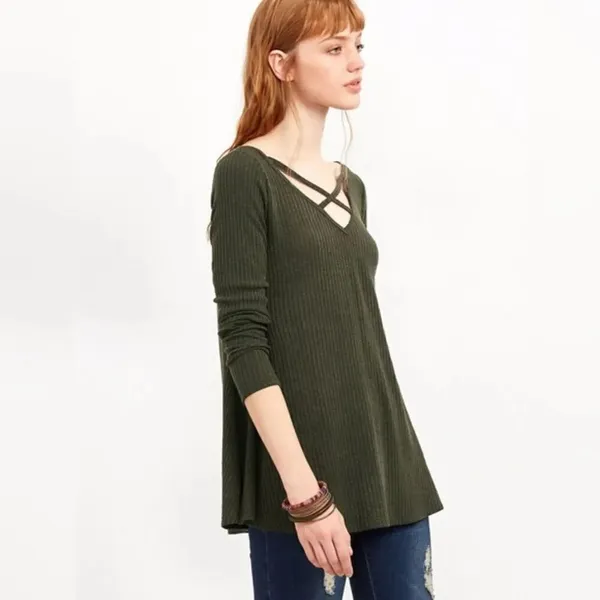 Army Green Crisscross Double V Neck Ribbed T-shirt - Image 4