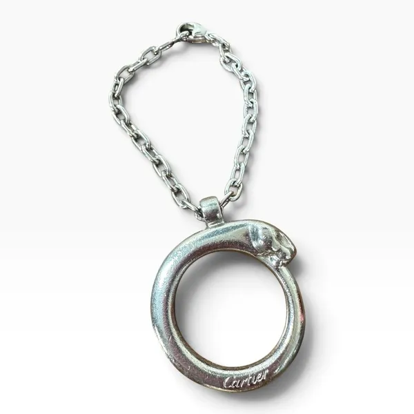Cartier Silver Metal Panther Circle Keychain Bag Charm Engraved Pendant - Image 2