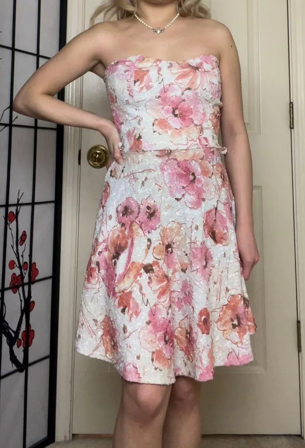 Pink Floral Textured Strapless Knee-Length Dress | Janice - Image 2