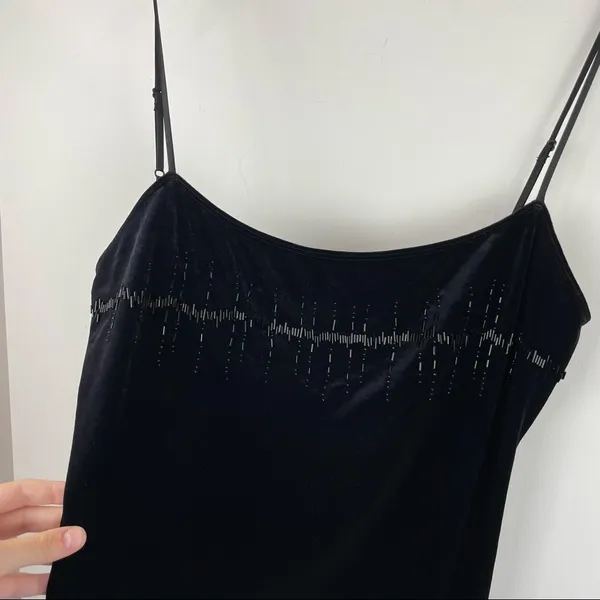 Y2K Victoria’s Secret Black Velvet Beaded Slip Dress Mini Sz Large - Image 5