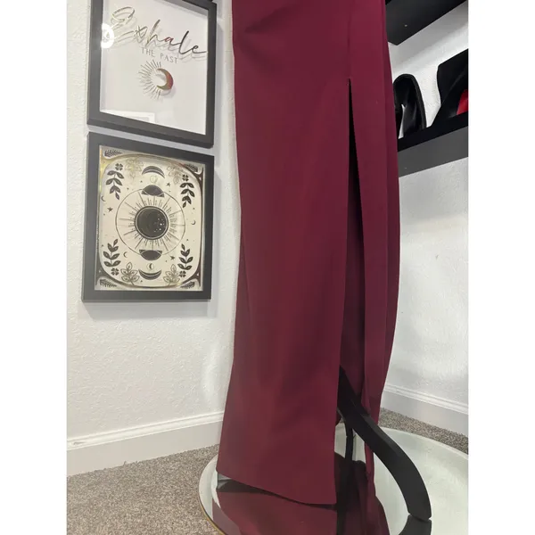 Long Wine Colored Reckless Hearts formal off the shoulder dress with front slit - Image 2