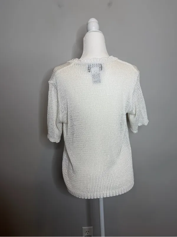 Vintage Sag Harbor Open Knit Cardigan Womens M White Short Sleeve Sheer Y2K - Image 3