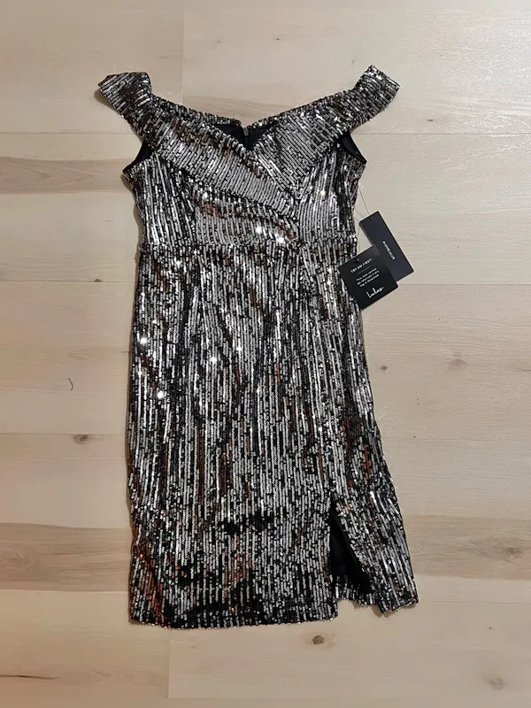 Lulus NWT Women Small Shiny Silver Off the Shoulder Sequin Mini Party Dress - Image 5