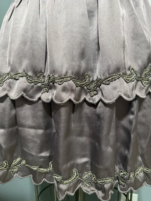 Beaded Scalloped Satin Tiered Mini Skirt - Taupe / Mauve Satin Tiered Mini Skirt with Metallic Bead Embroidery & Scallop Hem - Image 3