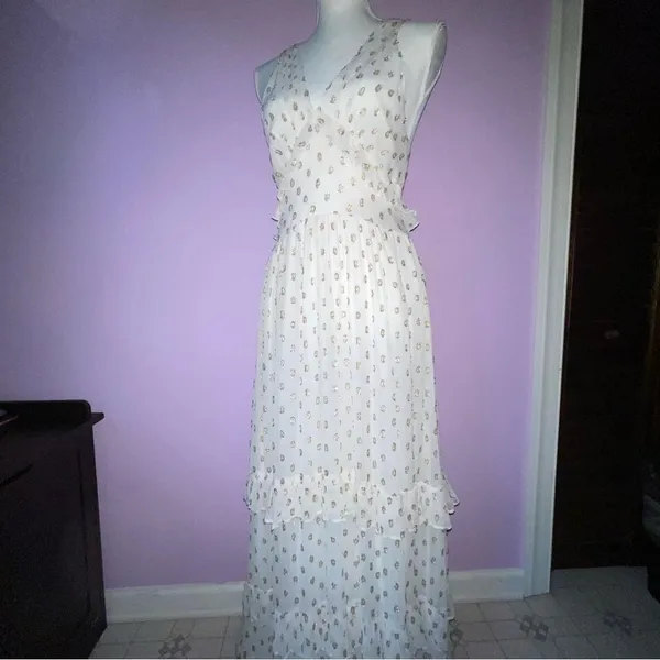 NEW En Creme Maxi Dress M Boho Metallic Polka Dot Cutout Ruffle Tiered - Image 3