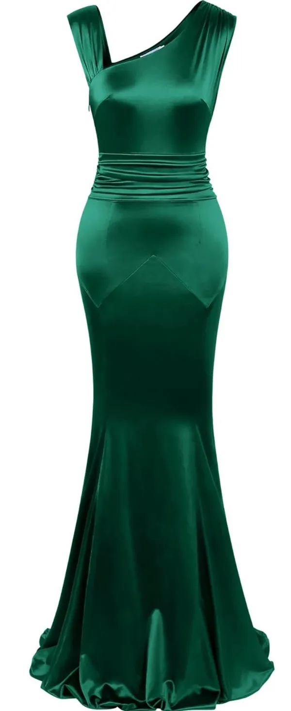 One shoulder, emerald green satin maxi dress - Image 2