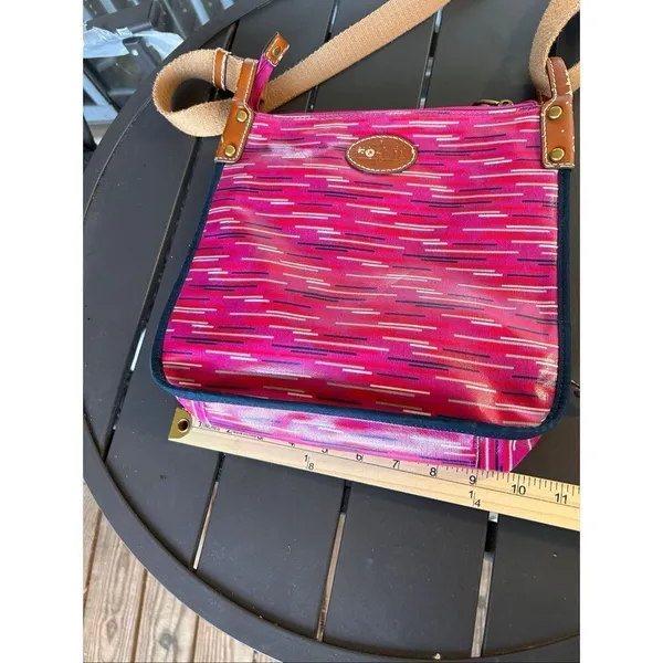 Fossil Keyper Crossbody Bag Fuchsia and Berry Striped Pattern Canvas - Image 12