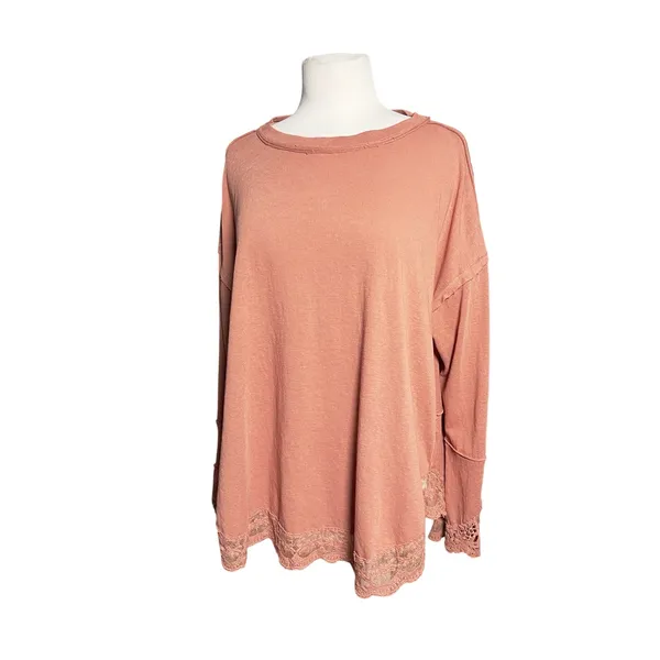 EASEL Women’s Boho Burnt Orange Lace Trim Long Sleeve Knit Top - Image 3
