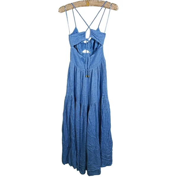 L*Space Calla Smocked Maxi Dress Medium Blue Boho Coastal Resort Beach Summer - Image 4