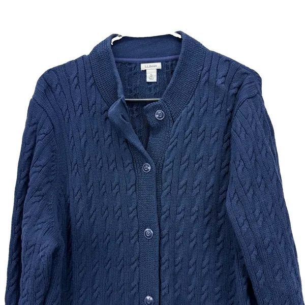 LL Bean Navy Blue Cable Knit Cotton Button Up Cardigan Sweater Size XL - Image 3