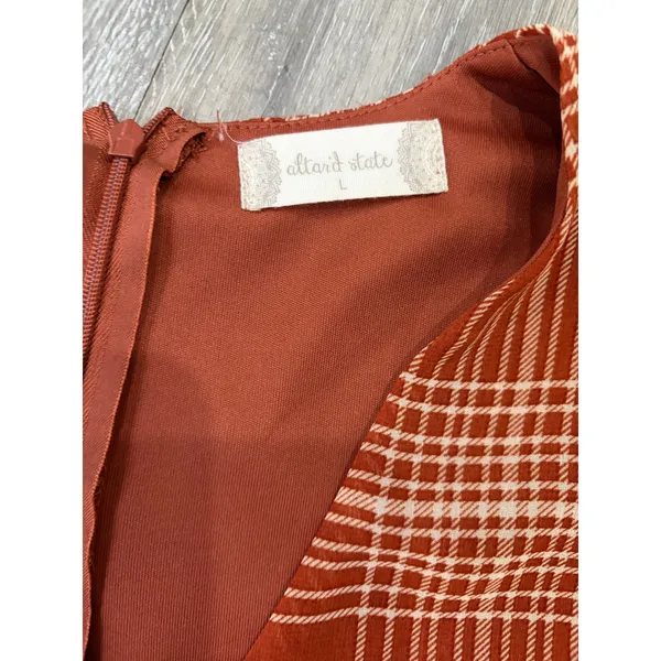 Altar'd State Rust Plaid Wrap Dress Long Sleeve Tie Waist Ruffle L - Image 2