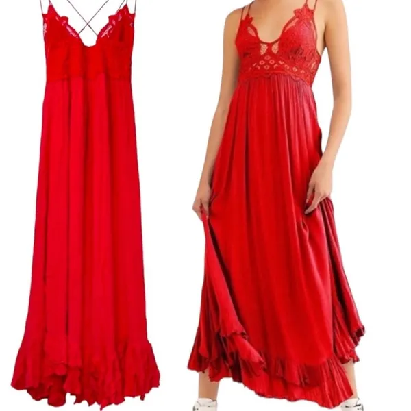 Free People Adella Lace Maxi Dress Red Romantic Boho Chic Crochet Strappy Small - Image 7