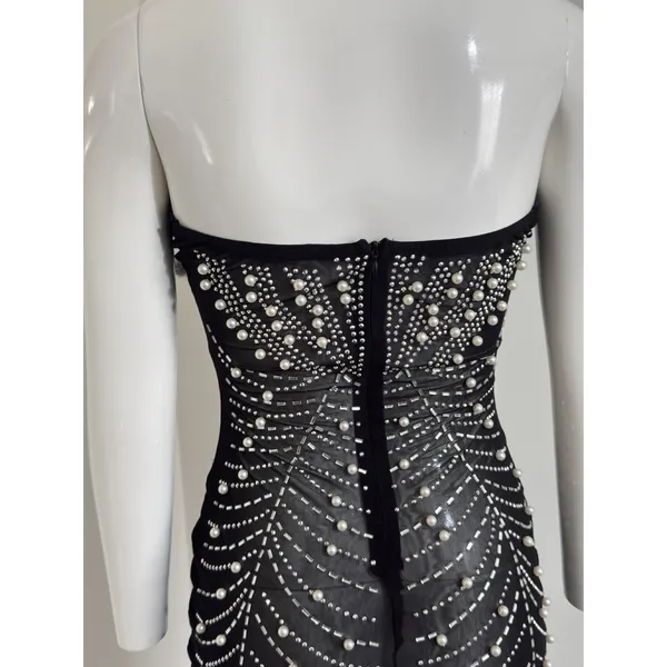 Beaded Pearl Sheer Feather Bust Dress Size Small Stretchy Bodycon Night Out - Image 9