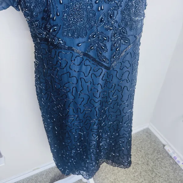 Vintage 90s Laurence Kazar Silk Dress Black fully Beaded Statement Formal XL‎ - Image 3