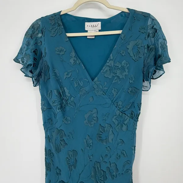 Vintage‎ Teal Floral Burnout Velvet Silk Blend Beaded Bias Cut Maxi Dress 8 - Image 3