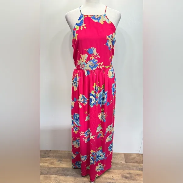 Everly Hot Pink Floral Halter Neckline Maxi Sundress Pleated Skirt Boho Vacation Party - Image 4