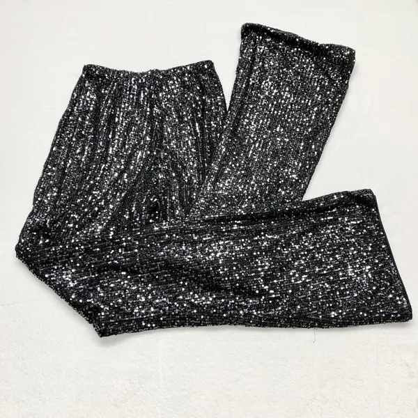 White Fox Sequin Flare Pants‎ Womens Sz S Black Sparkly Wide Leg Party Polyester - Image 12