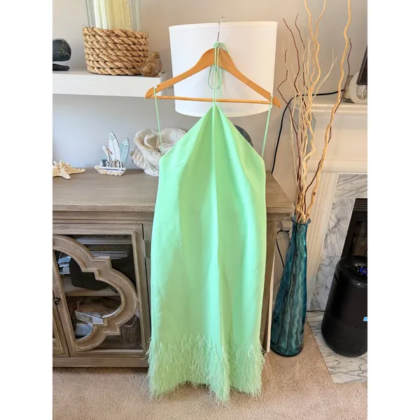 Alexis Izzie Dress Womens Mint Green Feather Trim Halter Midi Size Large - Image 3