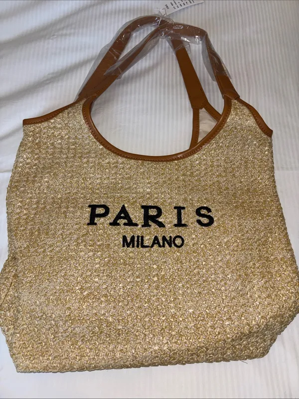 Tan And Brown Tote Bag…Both Faux Leather And Faux Straw “Paris/Milan”Design Nwts - Image 2