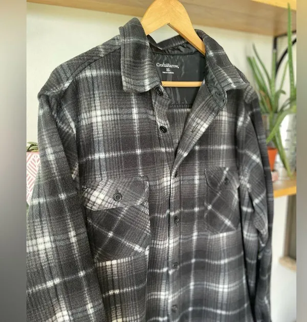 Croft & Barrow Black White Plaid Fleece Shacket Button Down Shirt Unisex Sz XL - Image 6