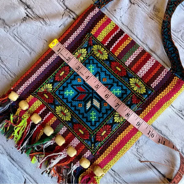 Boho Beaded Fringe Multicolored Embroidered Floral Fabric Crossbody Bag Purse - Image 7