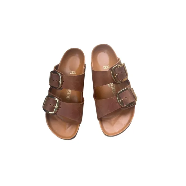 Birkenstock Arizona Big Buckle Sandals EU 38 US 7-7.5 Brown Leather Gold slide - Image 3