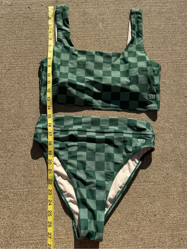Albion Fit Olivia Swimsuit Green Checkered High Waisted High Cut Small Square Neck - Image 3