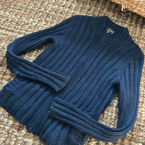 Ralph Lauren Navy Silk Linen Blend Zip Up Knit Sweater Size Small - Image 5