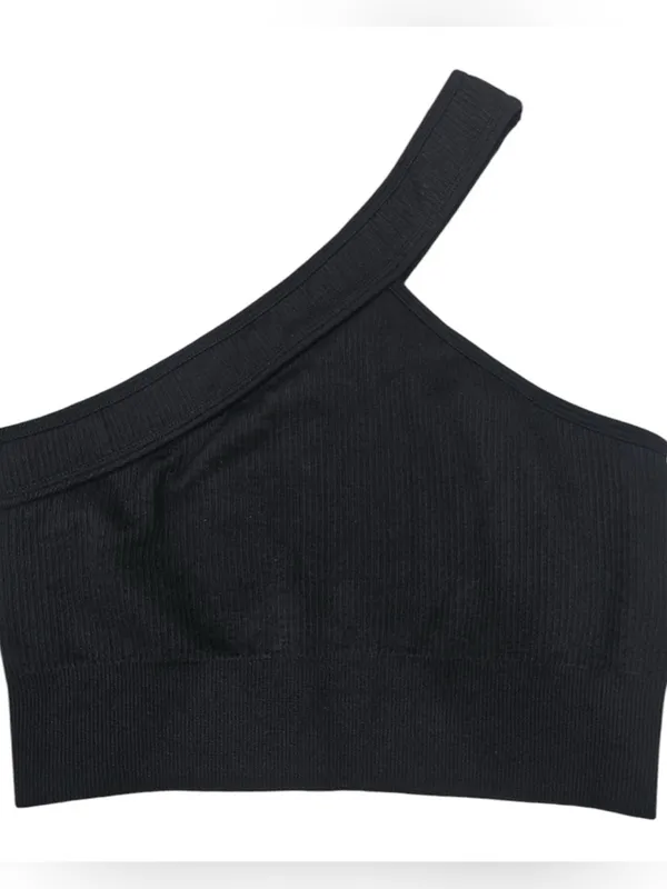 One-Shoulder Ribbed Black Crop Top or Activewear Bra - Image 4