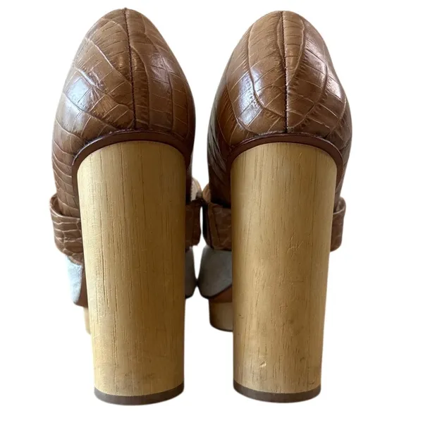 Tory Burch Georgina Linen Platform Heels Croc Leather Peep Toe‎ Sz 9 - Image 6