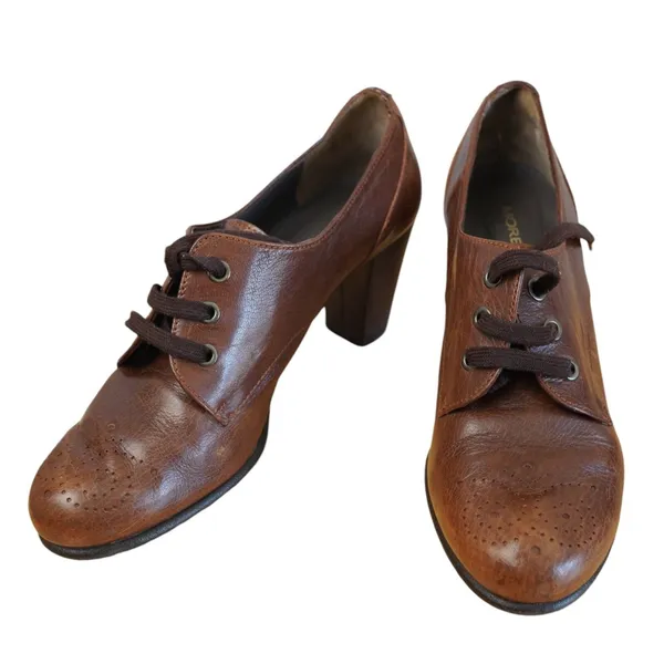 Moretti Brown Leather Lace Up Heeled Oxfords Women Size 39 9 8.5 Brogue Wingtip - Image 2