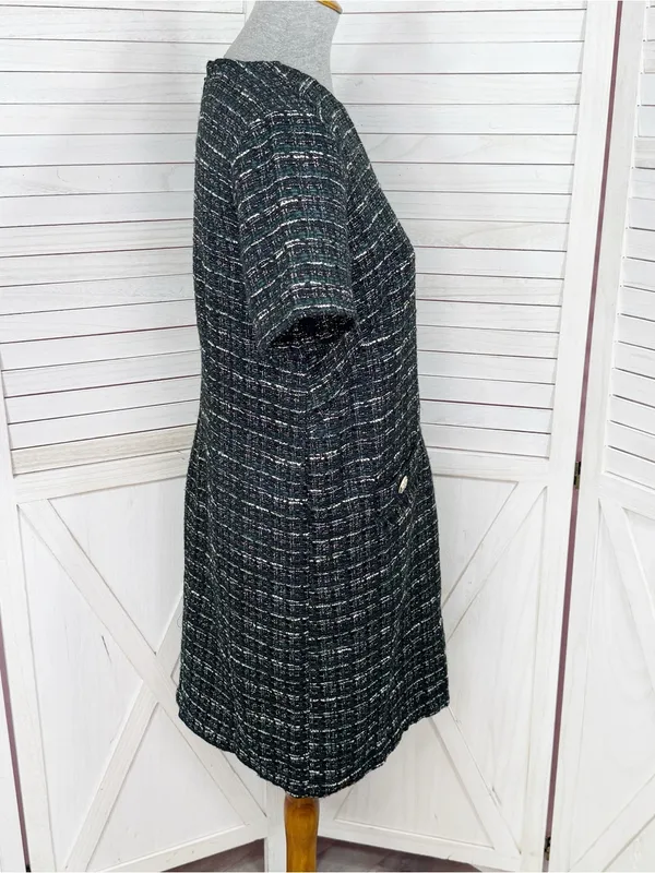 Loft Tweed Front Pocket Shift Dress Black Teal Size 4 Preppy Office Retro Boucle - Image 4