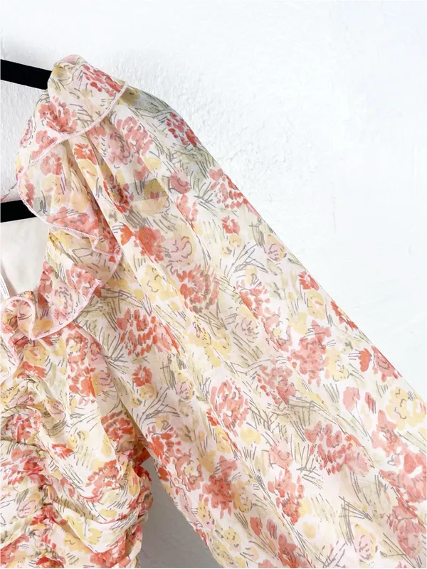 FREE PEOPLE Mabel Floral Ruching Sheer Balloon Sleeves Smocked Back Top Small - Image 6