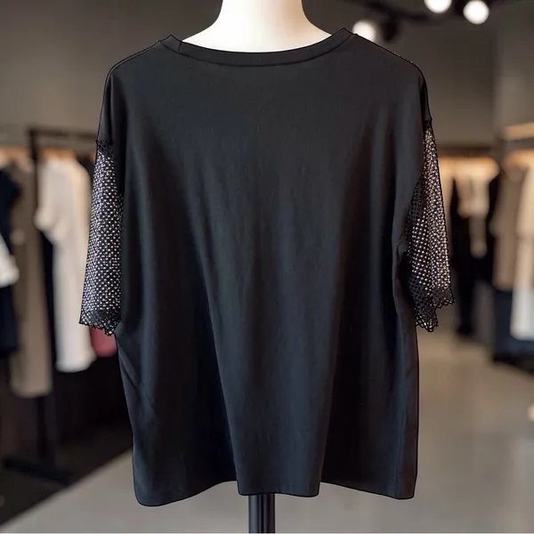 Black Western Rhinestone Graphic Top Metal Mesh Sleeves Country Medium - Image 6