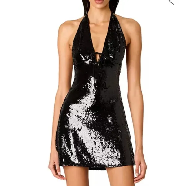 NIA Mini Dress Halter Neck Sequins Rodeo Size XS Black - Image 5