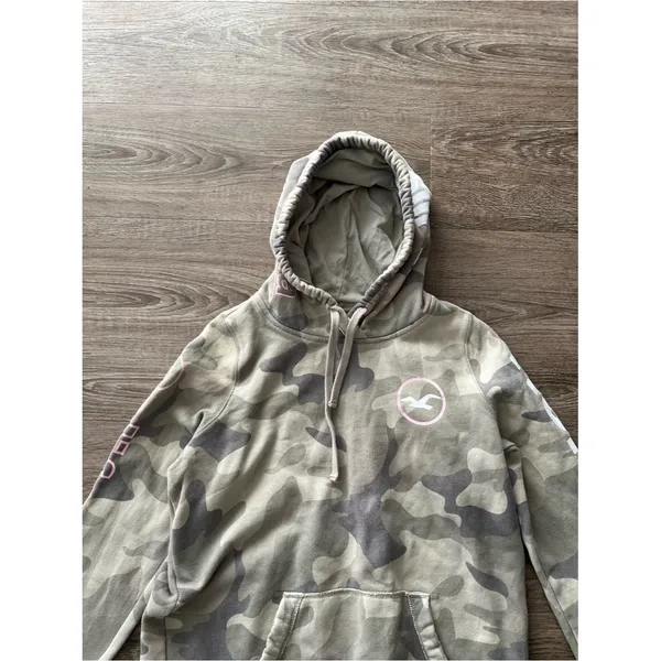 Hollister Womens Pullover Hoodie Small Gray Camo Pink Logo Sleeve Graphic Fleece - Image 6