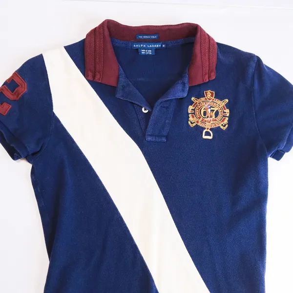 Ralph Lauren Skinny Polo Women M Navy White Sash Crest Equestrian Vintage Y2K - Image 5