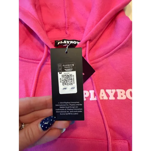 Playboy Womens Hot Pink Cropped Hoodie Embroidered Logo Bunny Sleeve Large NWT - Image 3