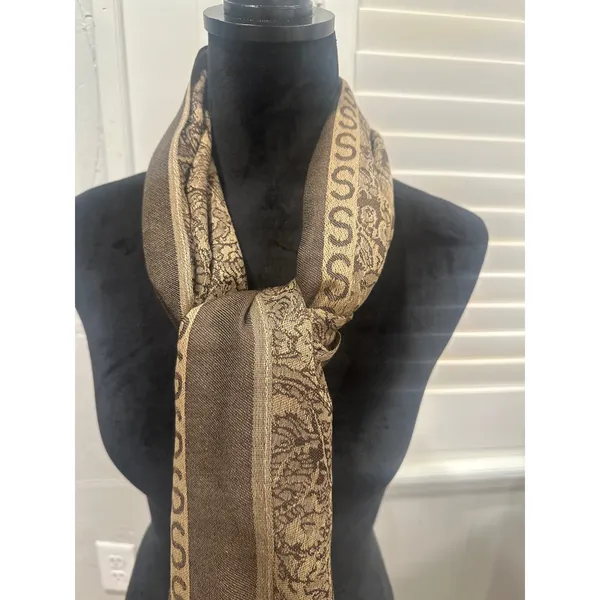 Elegant Brown Gold Paisley Print Scarf Wrap Fringe Viscose Acrylic winter boho - Image 3
