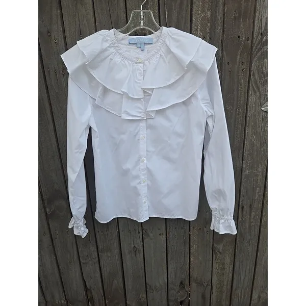 Hill House Home White Ruffle Collar Blouse XS Cotton Button Front Top - Image 3