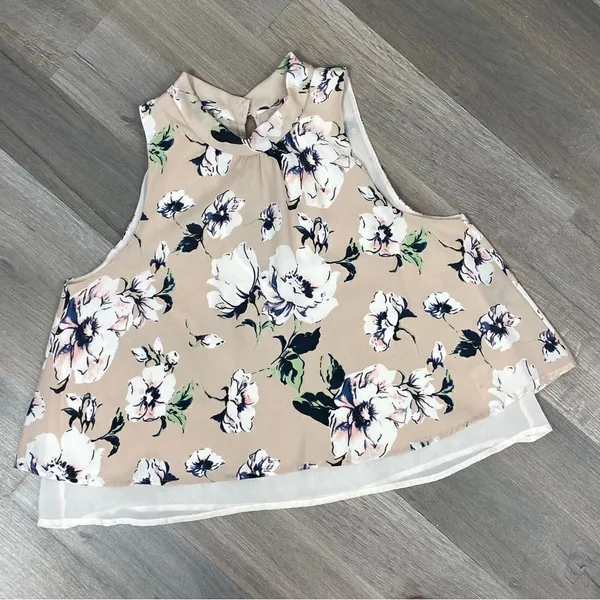 Astr the Label Floral Chiffon‎ Layered Split Black Crop Blouse Blush XS - Image 14