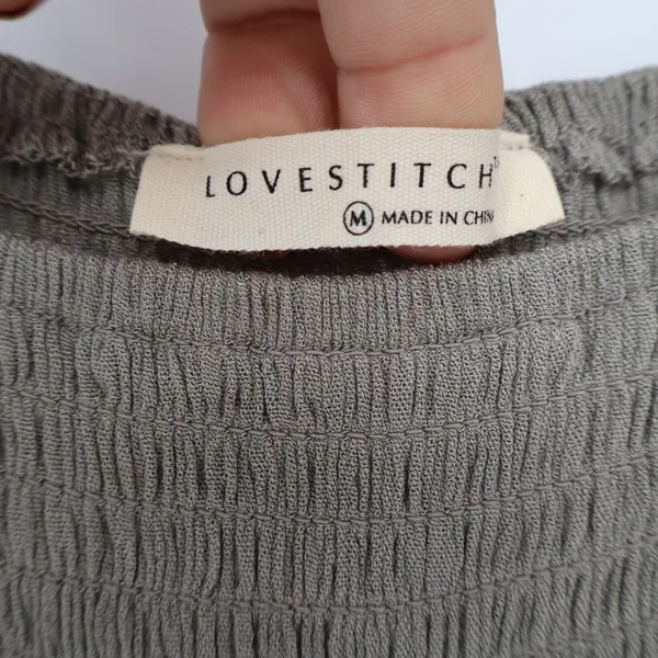 Lovestitch Smocked Tiered Maxi Dress Olive Grey Rayon Boho M - Image 2