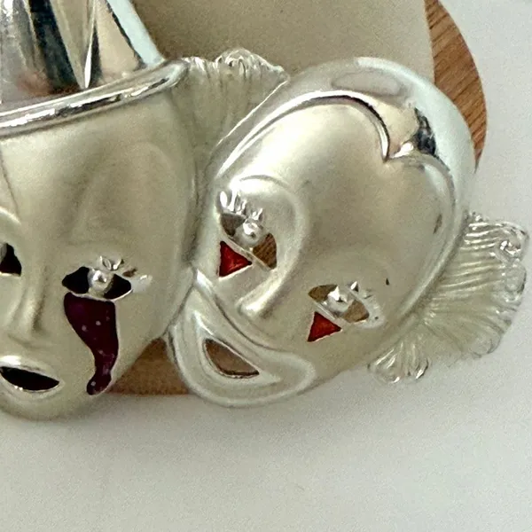 Vintage Silver Tone Triple Clown Theater Mask Enamel Brooch - Image 4