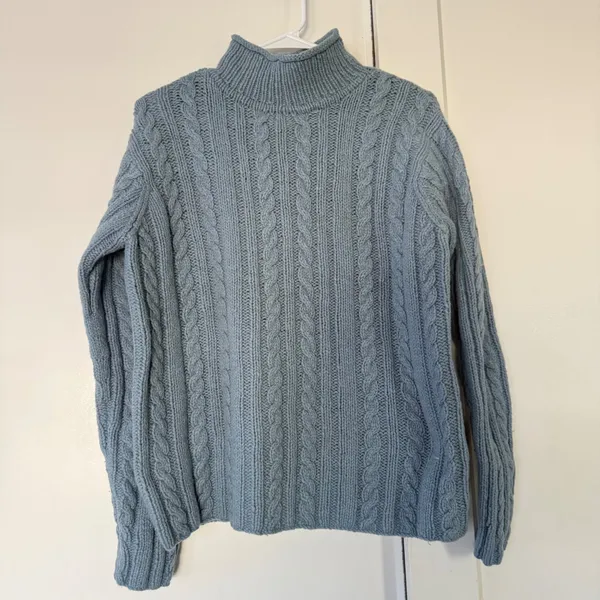 J. Crew Hand Knit Cable Knit Mock Neck Wool Blend Sweater Blue Small - Image 5