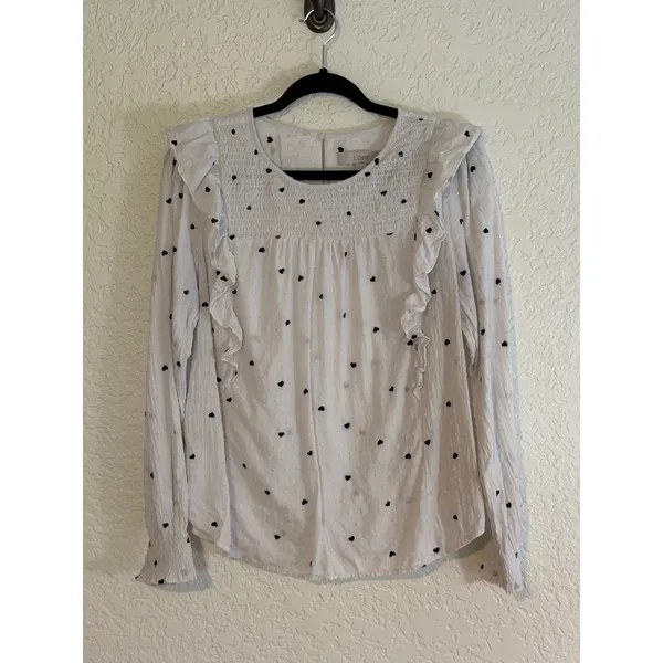 LOFT Blouse White M Womens Heart Print Ruffle Smocked Swiss Dot Long Sleeve - Image 6