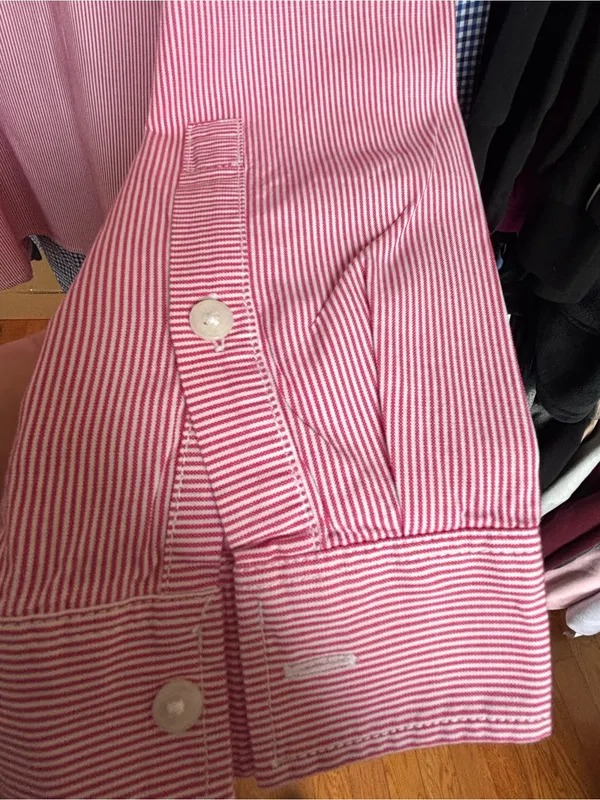 Women Tommy Hilfiger Red and White Micro-Striped Button-Down Shirt (M) - Image 3