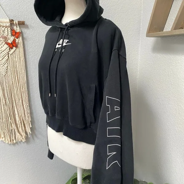 Nike Air Black Crop Hoodie White Spell Out Long Sleeve Pullover Activewear Gym - Image 3