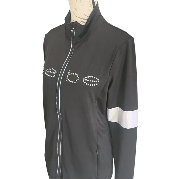 Bebe Sport -910 Black Rhinestone Logo Track Jacket Zip Up Women's Size‎ M - Image 4