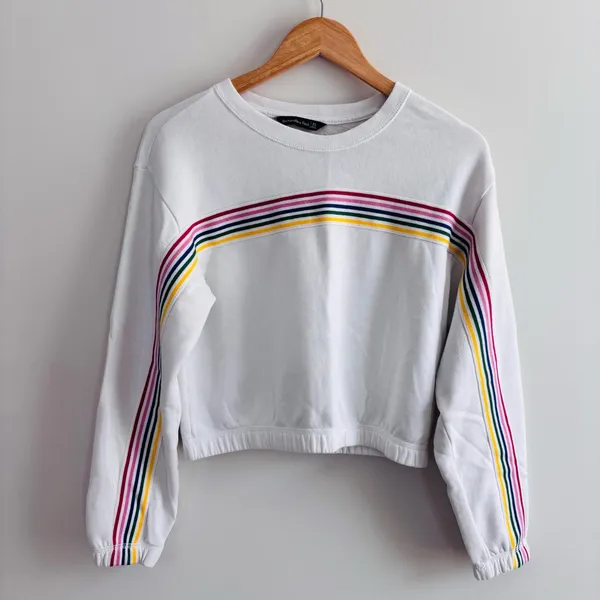 Abercrombie & Fitch Crop oversized Sweatshirt Womens XS White Rainbow Stripe - Image 2