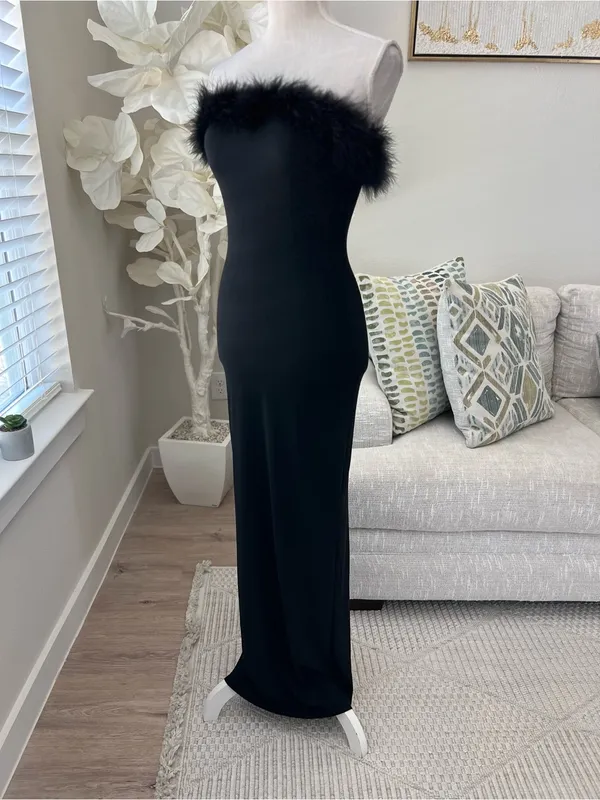 Jessica McClintock Gunne Sax Strapless Feather-Trim Black Evening Gown Size 7/8 - Image 5
